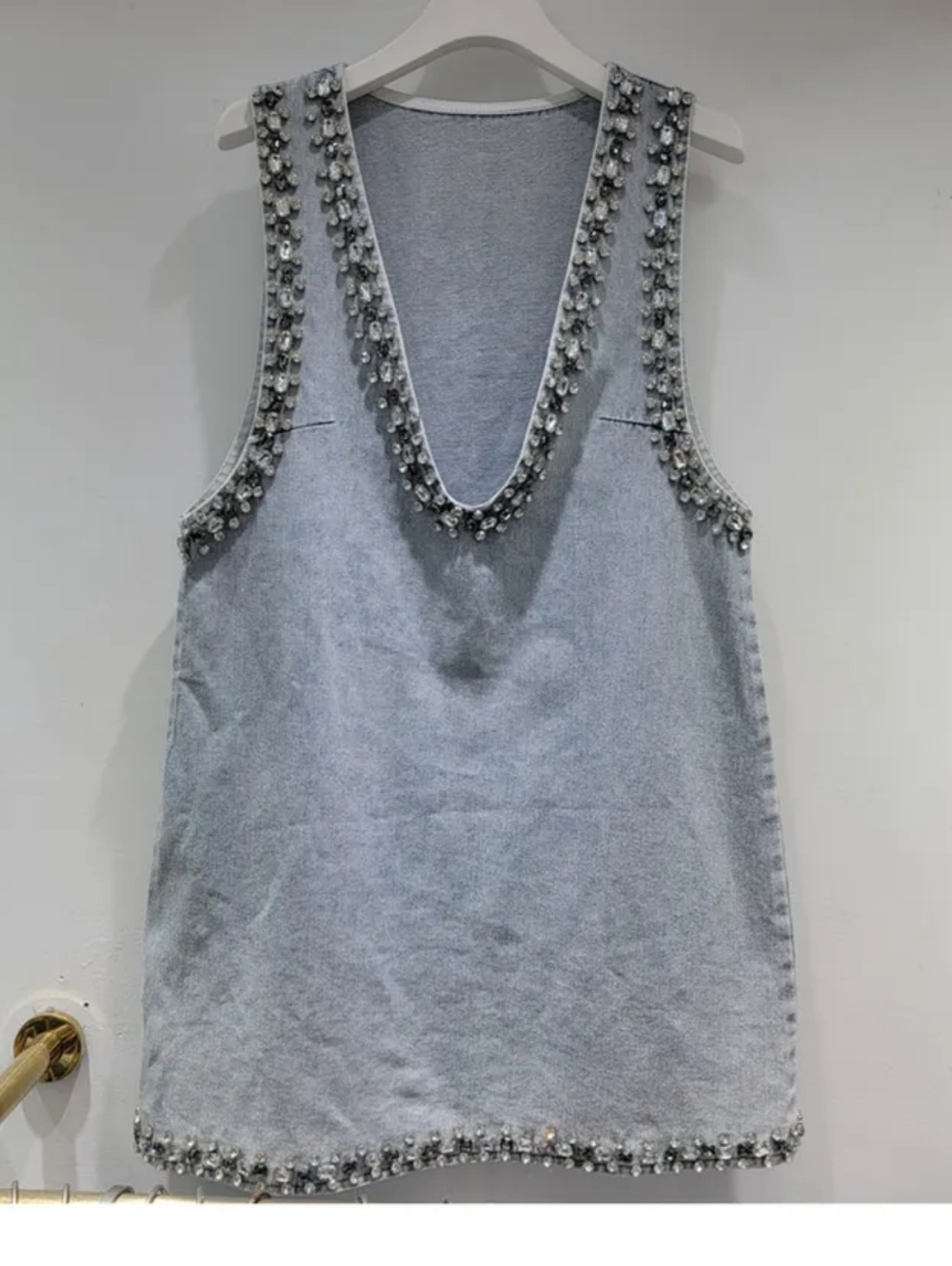 Embellished Light Blue Denim Mini Dress - Deep V - Picture 4 of 8